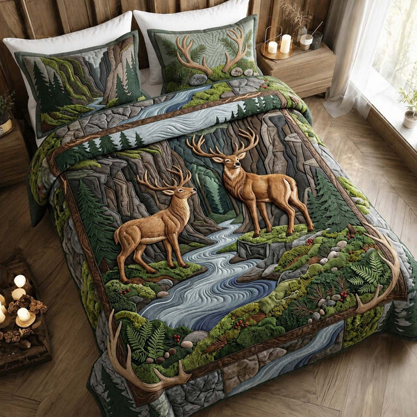 Canyon Stags quilted 3-piece bedding set on a made bed with two matching pillow shams