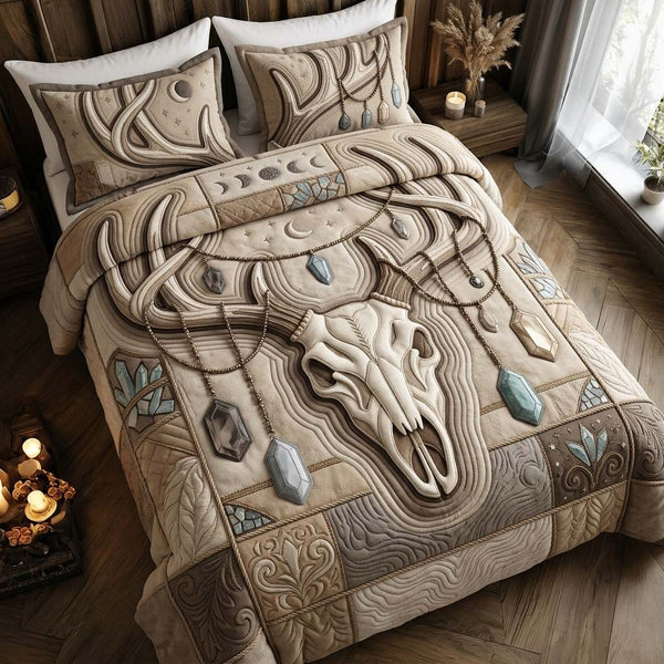 Desert Spirit quilted 3-piece bedding set on a made bed with two matching pillow shams