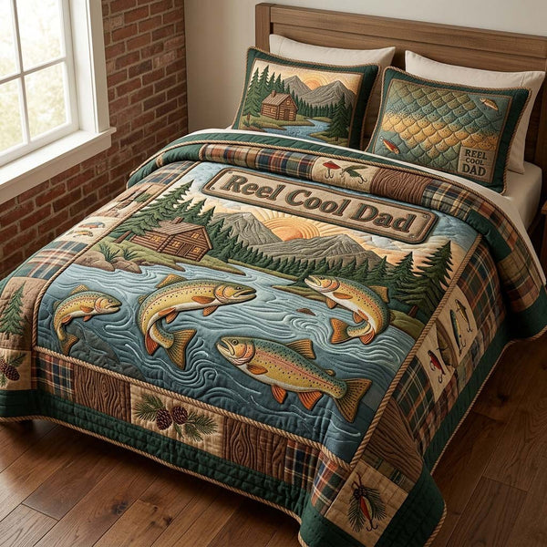 Cabin Lake Dad quilted 3-piece bedding set on a made bed with two matching pillow shams