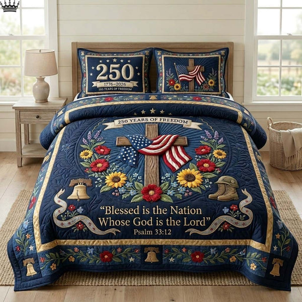 Blessed Nation quilted 3-piece bedding set on a made bed in a softly lit bedroom