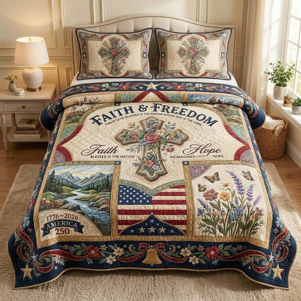 Faith Hope quilted 3-piece bedding set on a made bed in a softly lit bedroom