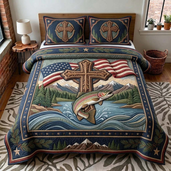 Faith Trout quilted 3-piece bedding set on a made bed in a softly lit bedroom