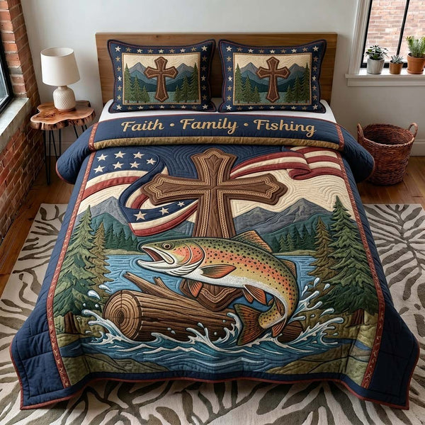 Fishing Cross quilted 3-piece bedding set on a made bed in a softly lit bedroom