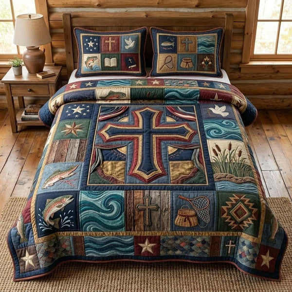 Fisher Faith quilted 3-piece bedding set on a made bed in a softly lit bedroom