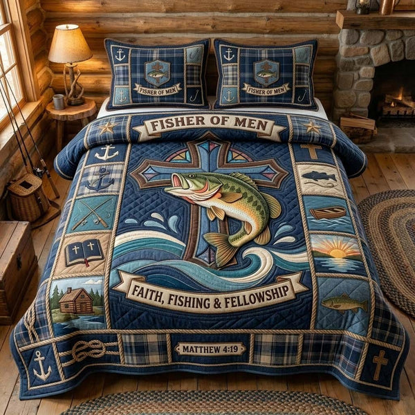 Fisher Fellowship quilted 3-piece bedding set on a made bed with two matching pillow shams