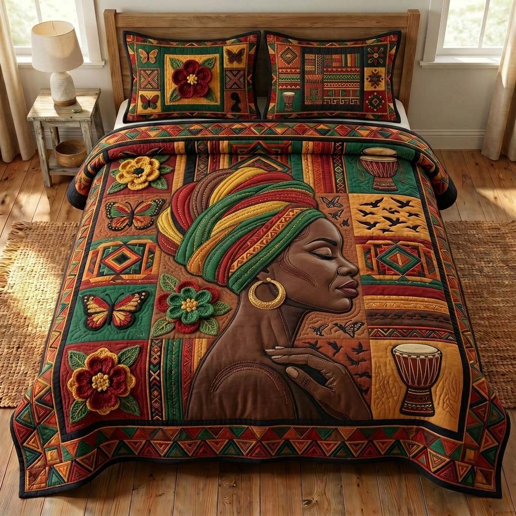 Afro Bloom 3-Piece Quilted Bedding Set — quilt and two matching pillow shams