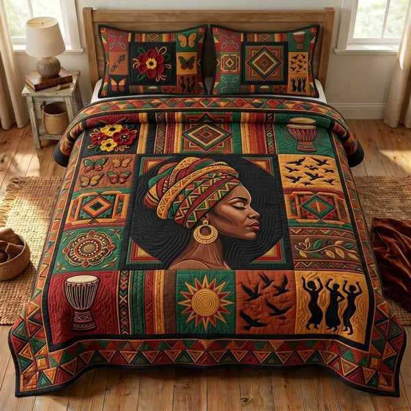 Ancestral Patch quilted 3-piece bedding set on a made bed with two matching pillow shams
