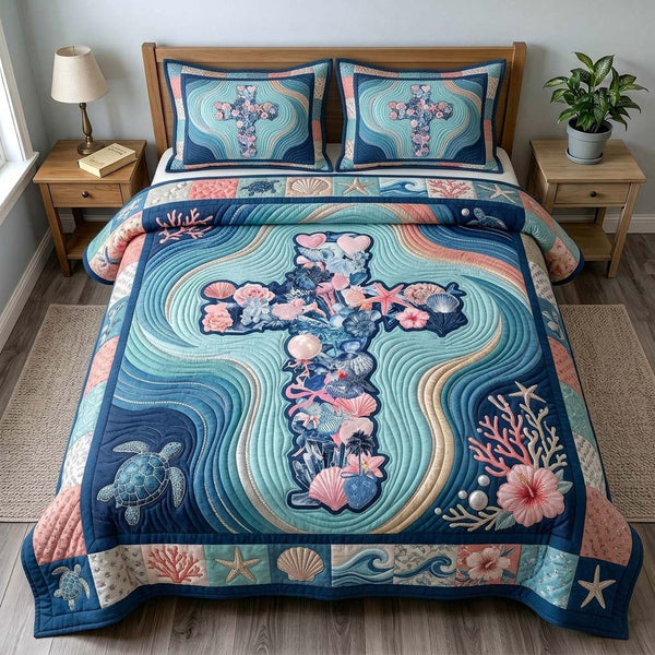 Coastal Faith Cross quilted 3-piece bedding set on a made bed in a softly lit bedroom