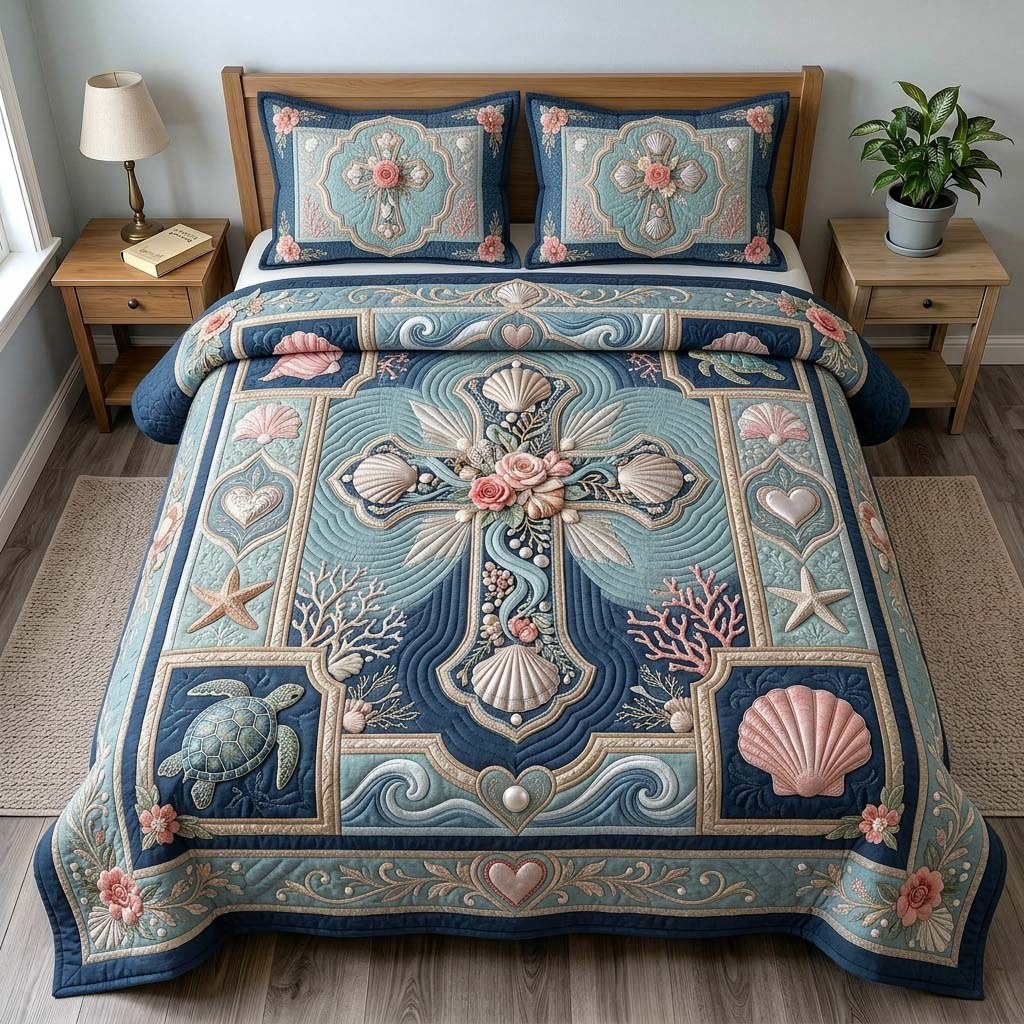 Coastal Shell Cross 3-Piece Quilted Bedding Set — quilt and two matching pillow shams