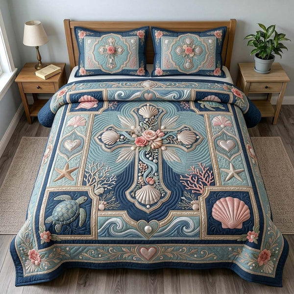 Coastal Shell Cross 3-Piece Quilted Bedding Set — quilt and two matching pillow shams