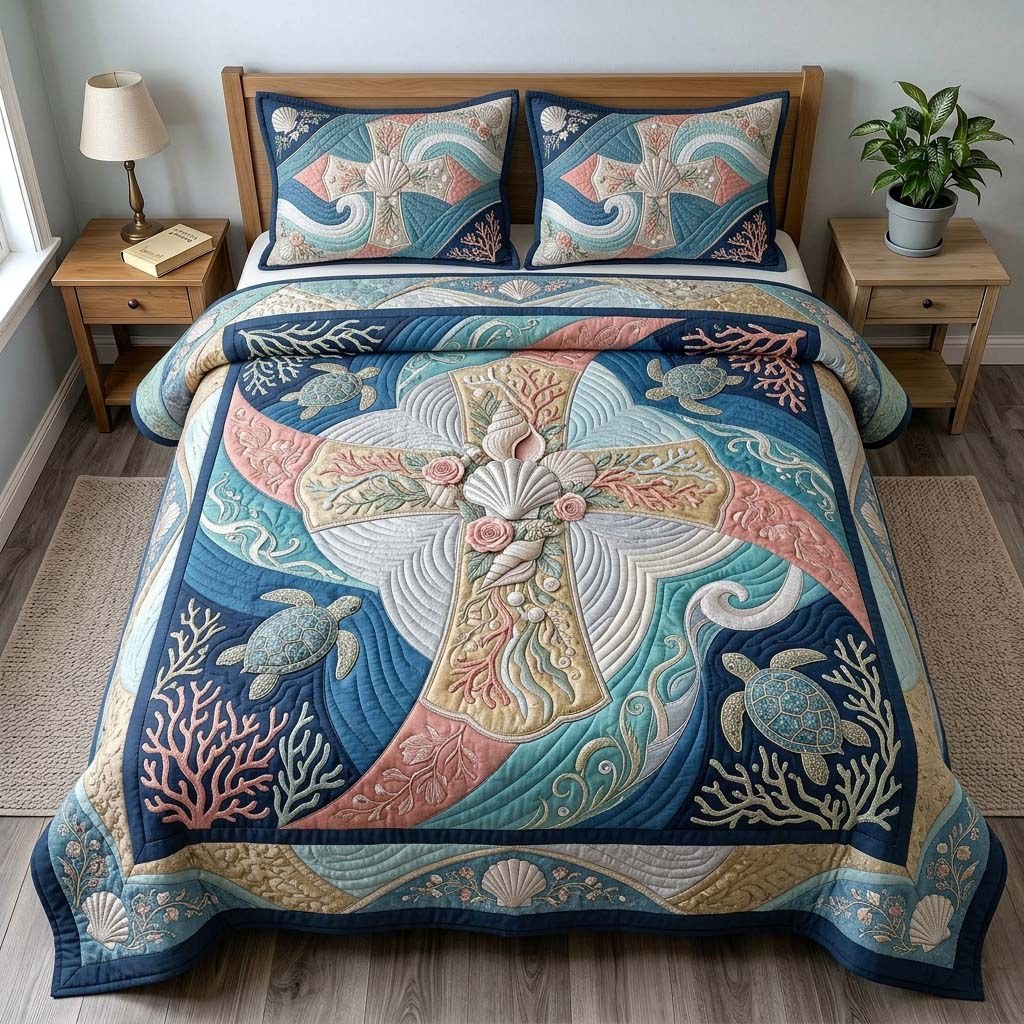 Coral Faith Cross 3-Piece Quilted Bedding Set — quilt and two matching pillow shams