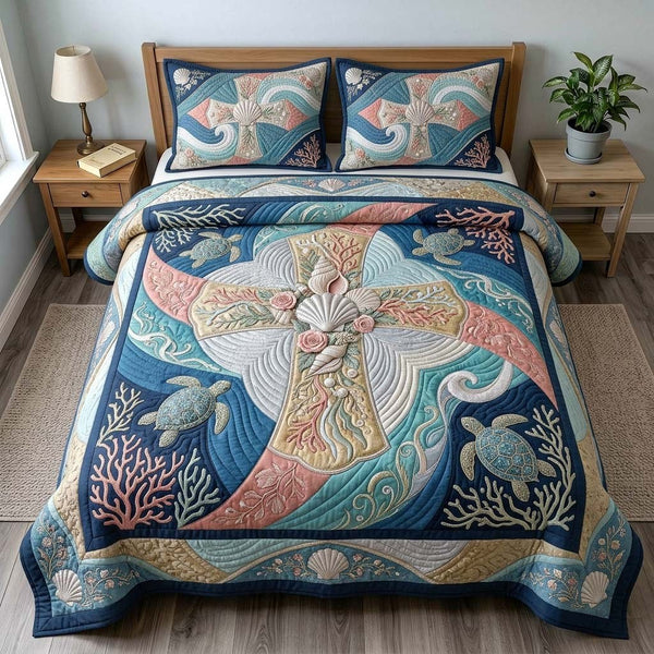 Coral Faith Cross 3-Piece Quilted Bedding Set — quilt and two matching pillow shams