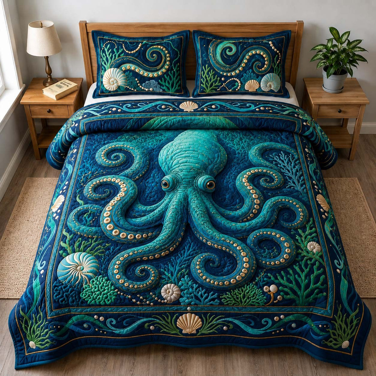 Deep Sea Octopus 3-Piece Quilted Bedding Set - Design 1 — quilt and two matching pillow shams