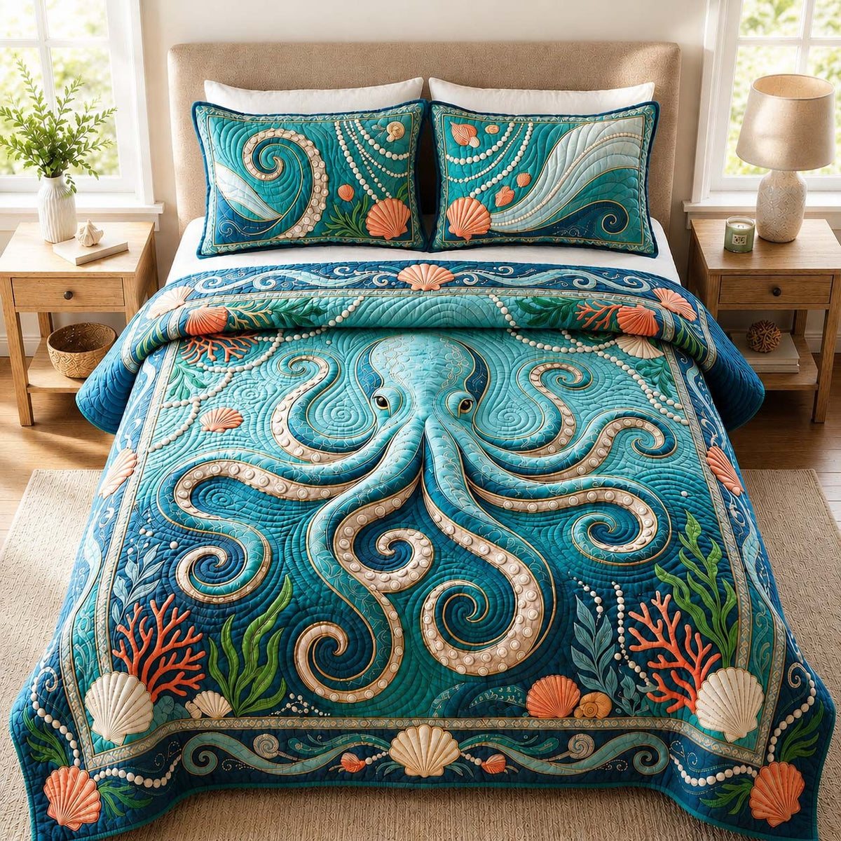Coastal Pearl Octopus 3-Piece Quilted Bedding Set — quilt and two matching pillow shams