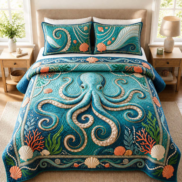 Coastal Pearl Octopus quilted 3-piece bedding set on a made bed in a light coastal bedroom