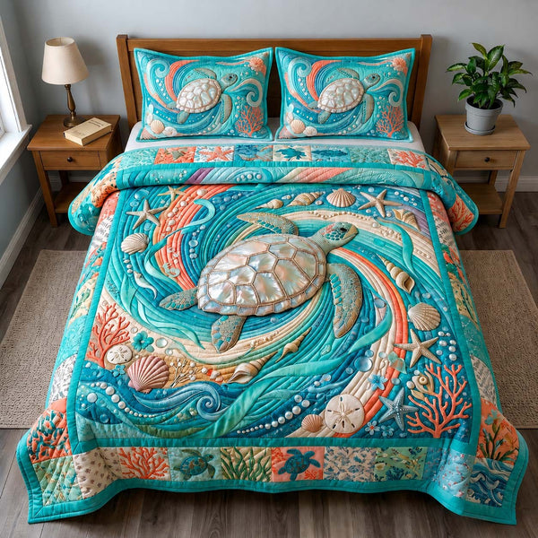 Coastal Turtle 3-Piece Quilted Bedding Set - Design 1 — quilt and two matching pillow shams
