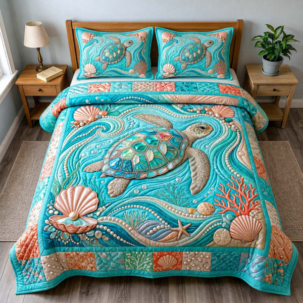 Aqua Shell Turtle quilted 3-piece bedding set on a made bed in a light coastal bedroom