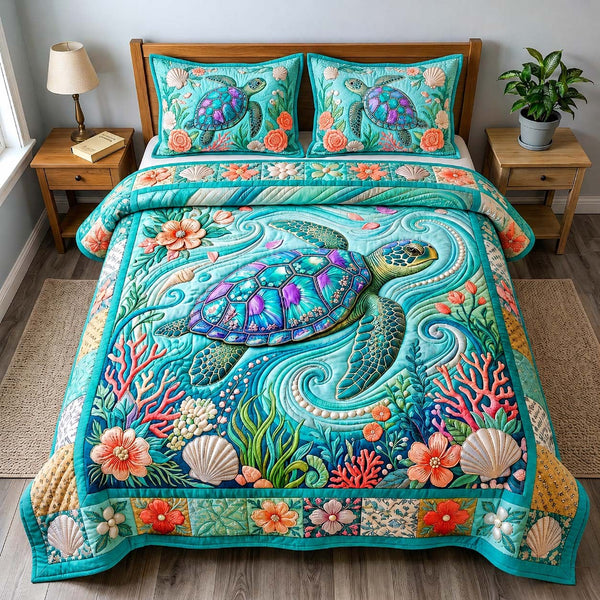 Coral Bloom Turtle 3-Piece Quilted Bedding Set — quilt and two matching pillow shams