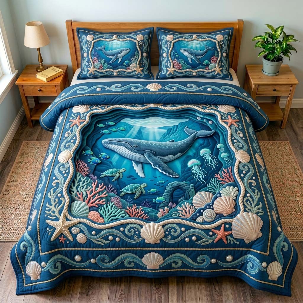 Deep Sea Whale 3-Piece Quilted Bedding Set — quilt and two matching pillow shams