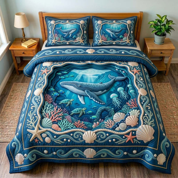Deep Sea Whale 3-Piece Quilted Bedding Set — quilt and two matching pillow shams