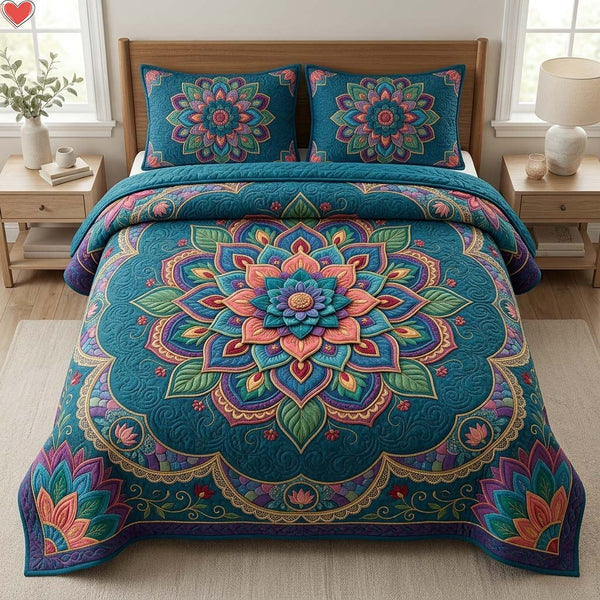 Bohemian Lotus Bloom quilted 3-piece bedding set on a made bed with two matching pillow shams