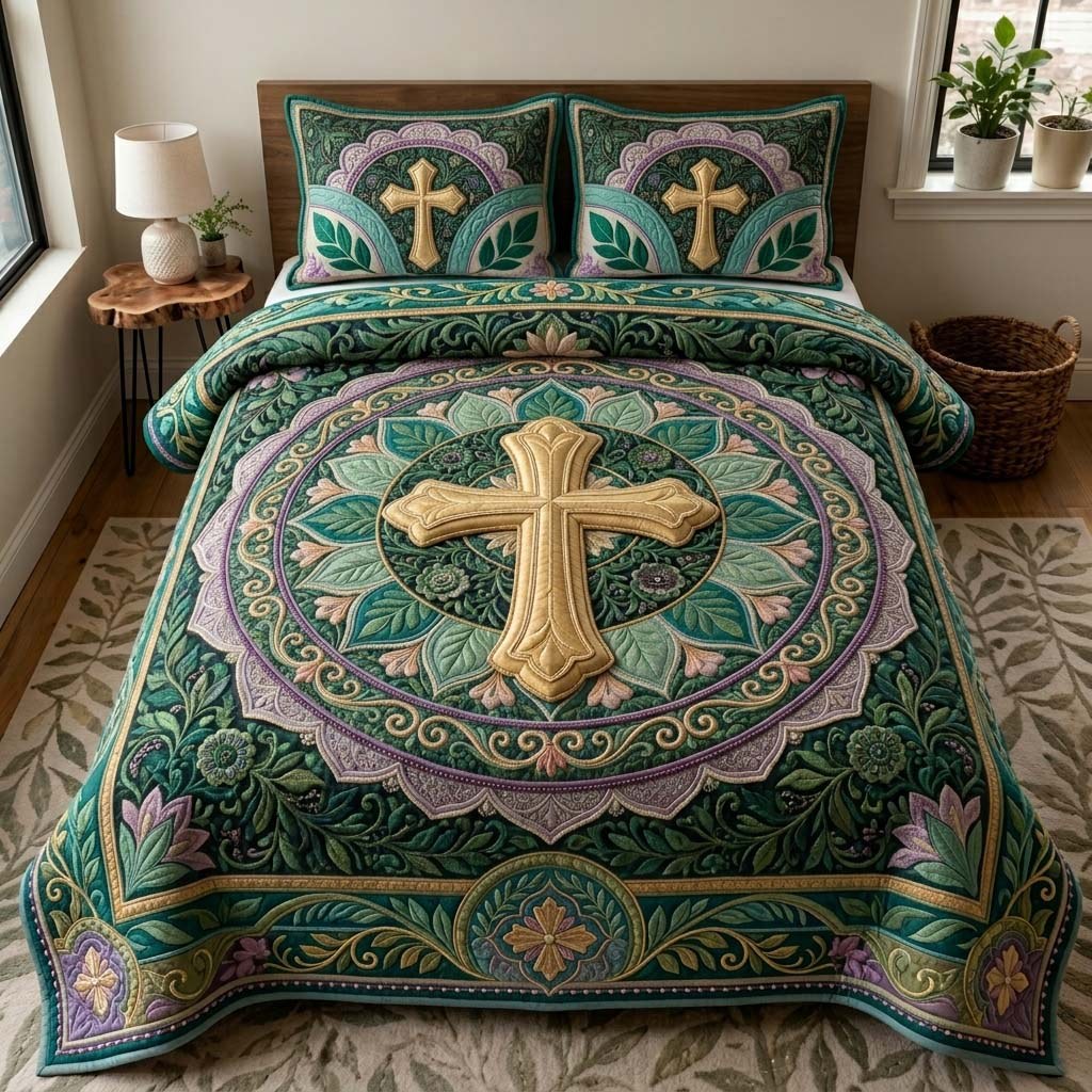 Emerald Cross Garden 3-Piece Quilted Bedding Set — quilt and two matching pillow shams