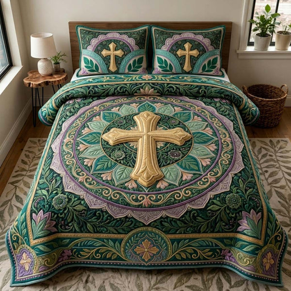 Emerald Cross Garden quilted 3-piece bedding set on a made bed in a softly lit bedroom