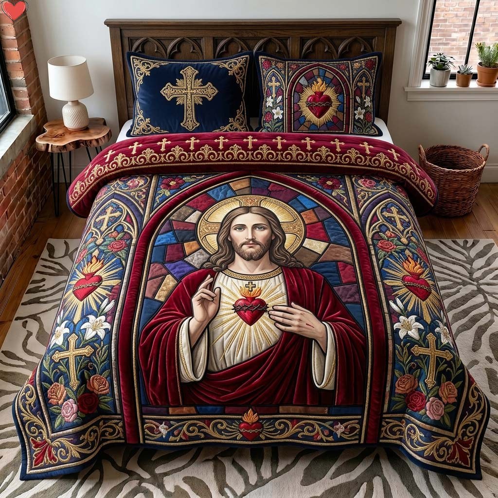 Cathedral Sacred Heart 3-Piece Quilted Bedding Set — quilt and two matching pillow shams