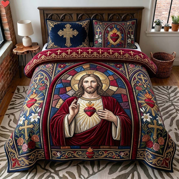 Cathedral Sacred Heart quilted 3-piece bedding set on a made bed in a softly lit bedroom