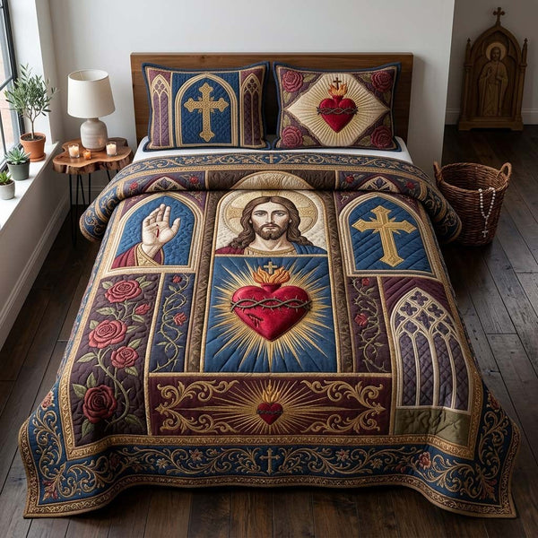 Chapel Heart Quilt quilted 3-piece bedding set on a made bed in a softly lit bedroom