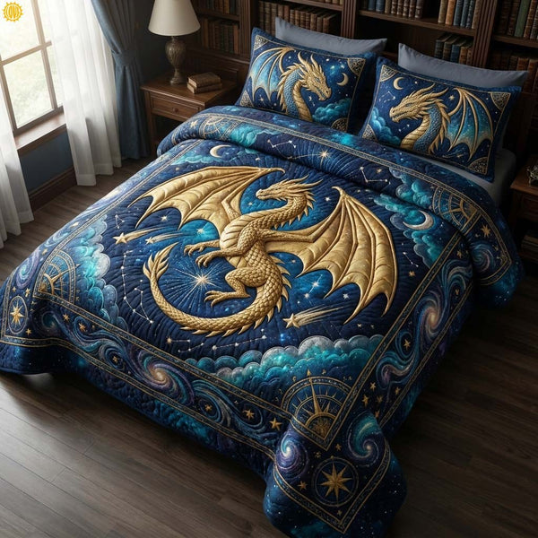 Astral Dragon quilted 3-piece bedding set on a made bed with two matching pillow shams