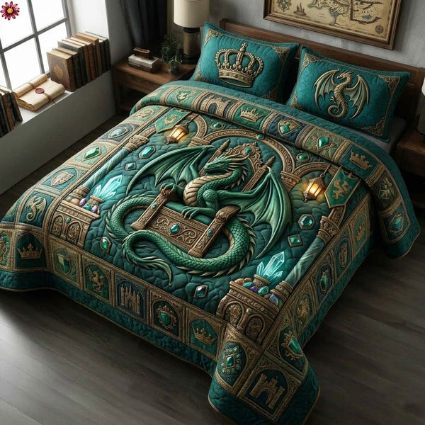 Emerald Throne quilted 3-piece bedding set on a made bed with two matching pillow shams