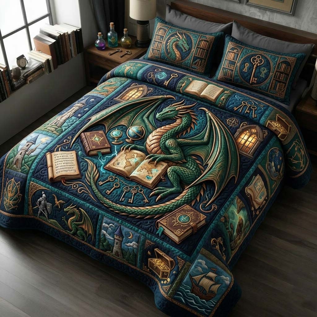 Dragon Library 3-Piece Quilted Bedding Set — quilt and two matching pillow shams