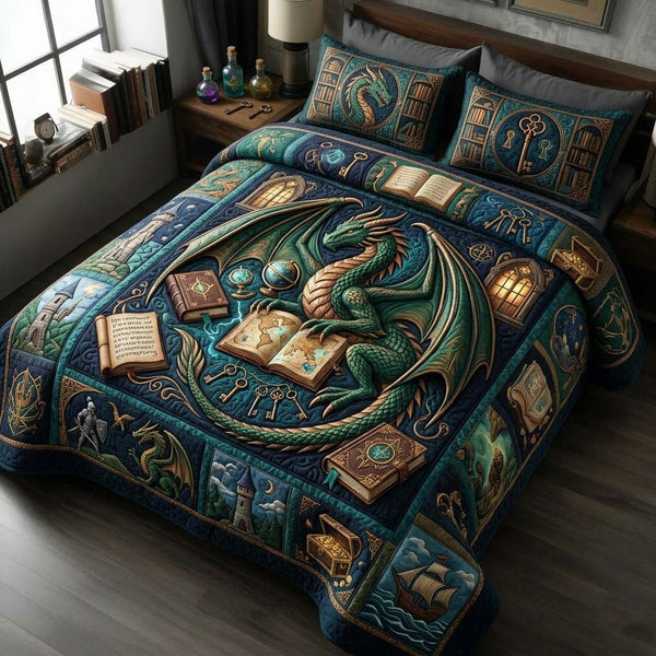Dragon Library quilted 3-piece bedding set on a made bed with two matching pillow shams