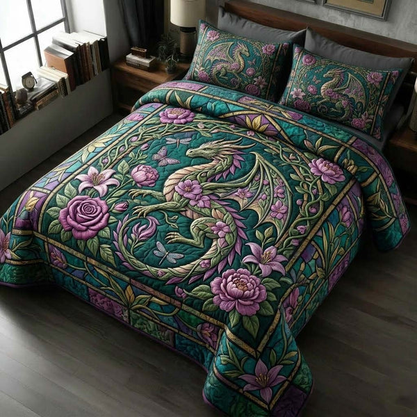 Floral Dragon 3-Piece Quilted Bedding Set - Design 1 — quilt and two matching pillow shams