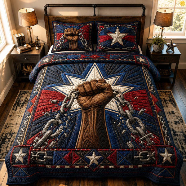 Broken Chains Freedom quilted 3-piece bedding set on a made bed in a warmly lit bedroom