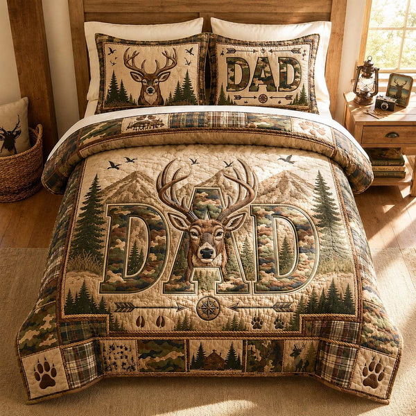 Camouflage Deer Dad quilted 3-piece bedding set on a made bed with two matching pillow shams