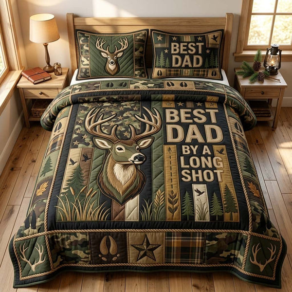 Best Dad Long Shot quilted 3-piece bedding set on a made bed with two matching pillow shams