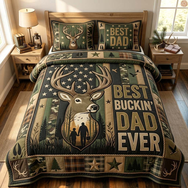 Best Buckin’ Dad Ever quilted 3-piece bedding set on a made bed with two matching pillow shams