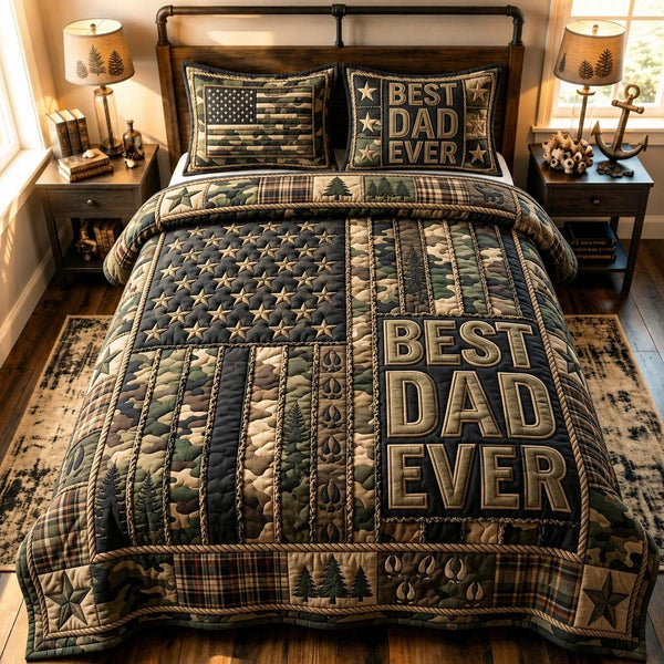 Camo Flag Best Dad quilted 3-piece bedding set on a made bed in a warmly lit bedroom
