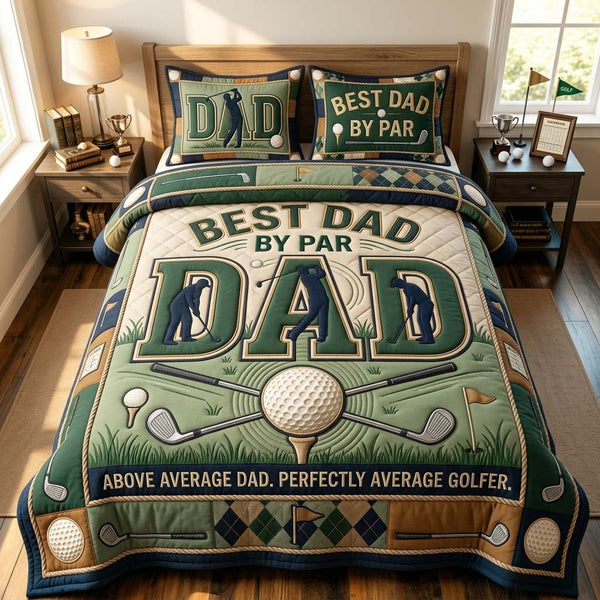 Best Dad By Par Green quilted 3-piece bedding set on a made bed with two matching pillow shams