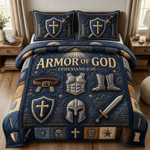 Armor Of God quilted 3-piece bedding set on a made bed in a softly lit bedroom