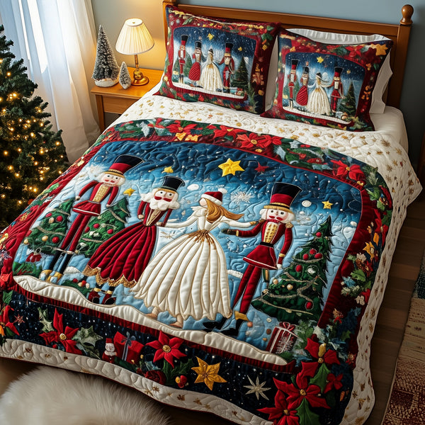 Christmas Nutcracker quilted 3-piece bedding set on a made bed in a winter-styled bedroom