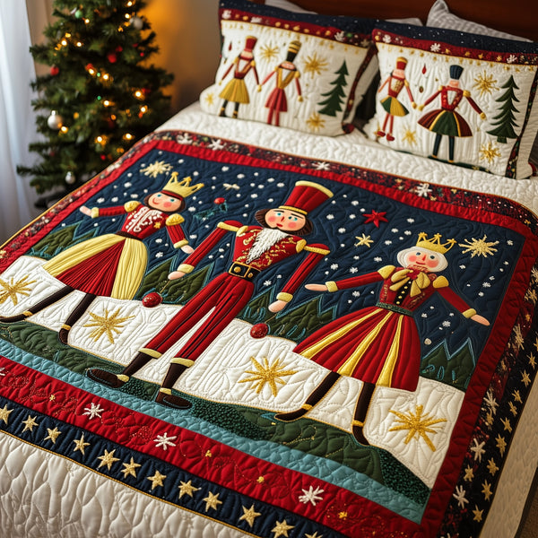 Christmas Nutcracker quilted 3-piece bedding set on a made bed in a winter-styled bedroom