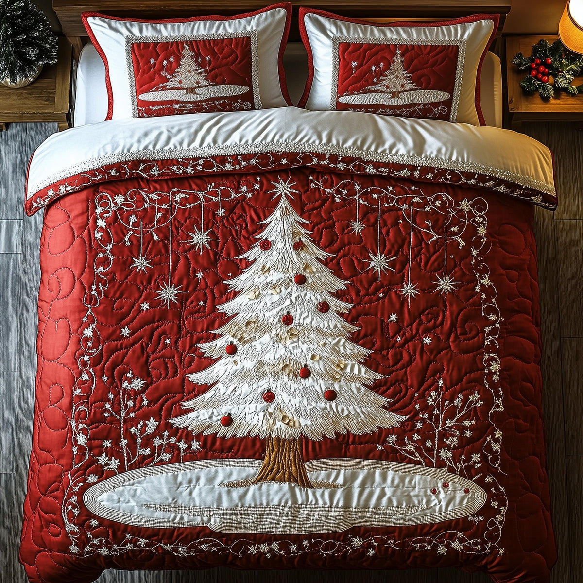 Christmas Tree 3-Piece Quilted Bedding Set - Design 4 — quilt and two matching pillow shams
