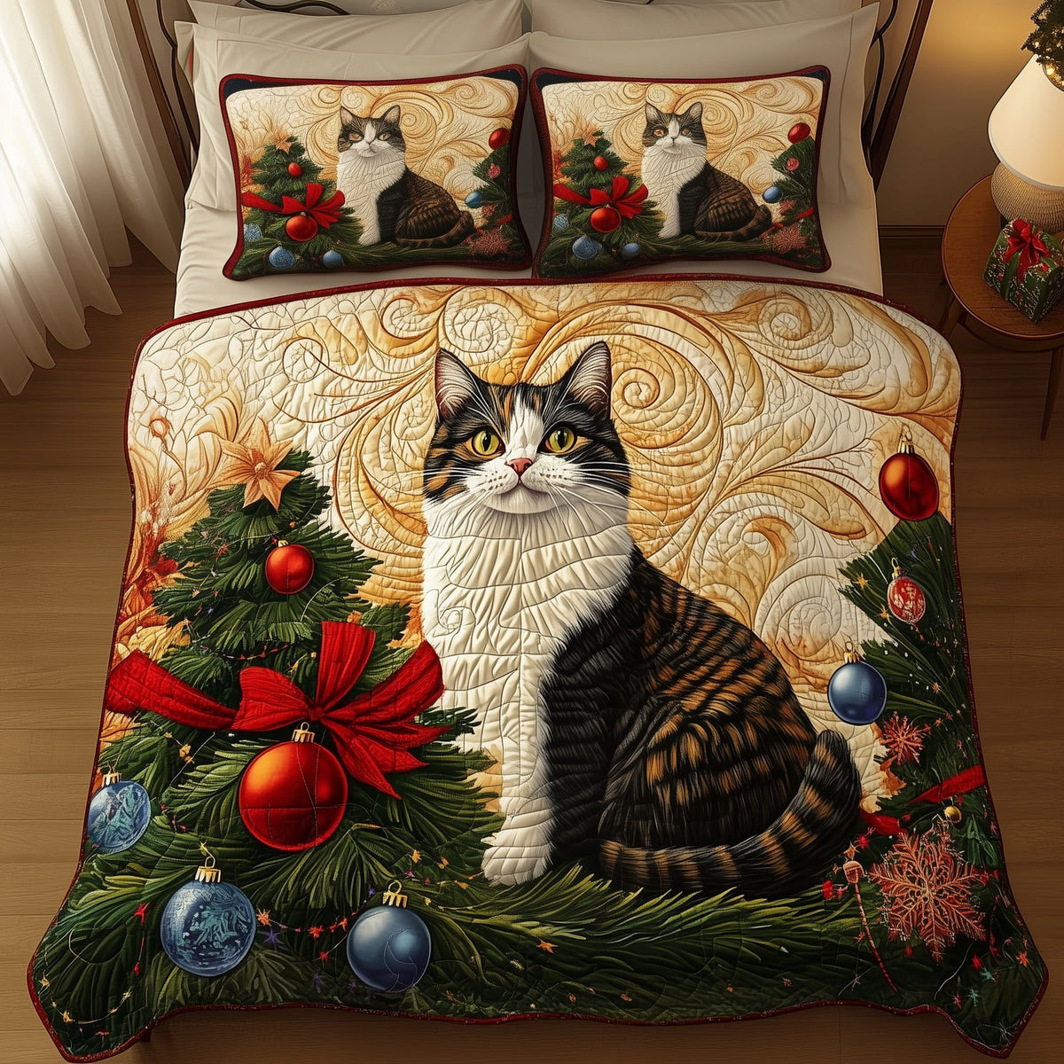 Christmas Cat 3-Piece Quilted Bedding Set - Design 1 — quilt and two matching pillow shams