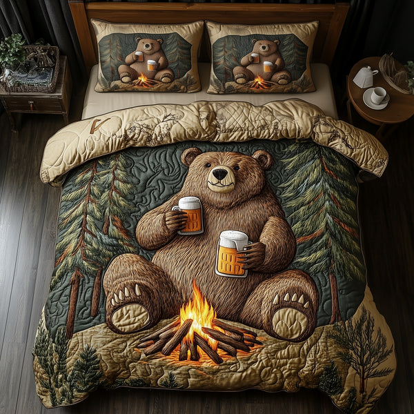 Bear Drinks Beer Camping quilted 3-piece bedding set on a made bed with two matching pillow shams
