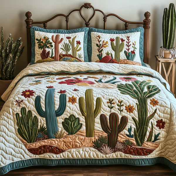 Cactus Festival quilted 3-piece bedding set on a made bed with two matching pillow shams