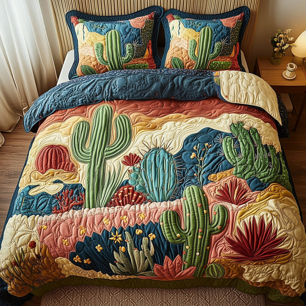 Cactus Festival quilted 3-piece bedding set on a made bed with two matching pillow shams
