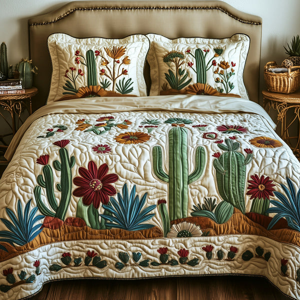 Cactus Festival quilted 3-piece bedding set on a made bed with two matching pillow shams